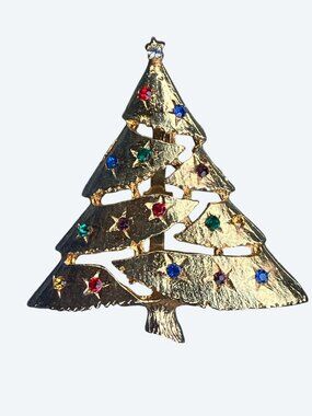 Christmas Tree Pin Brooch Vintage Multi Colored Rhinestone Brushed Gold Tone